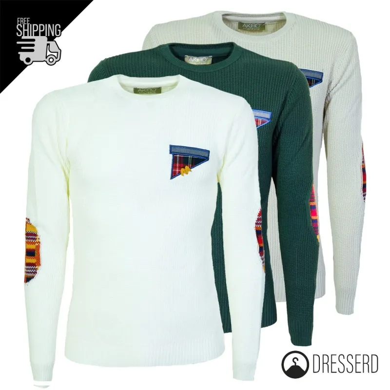 Maglia Uomo Dresserd Trama Lavorata e Ricamo lato cuore Toppe Fantasia in Lavorazione Maglione Made in Italy