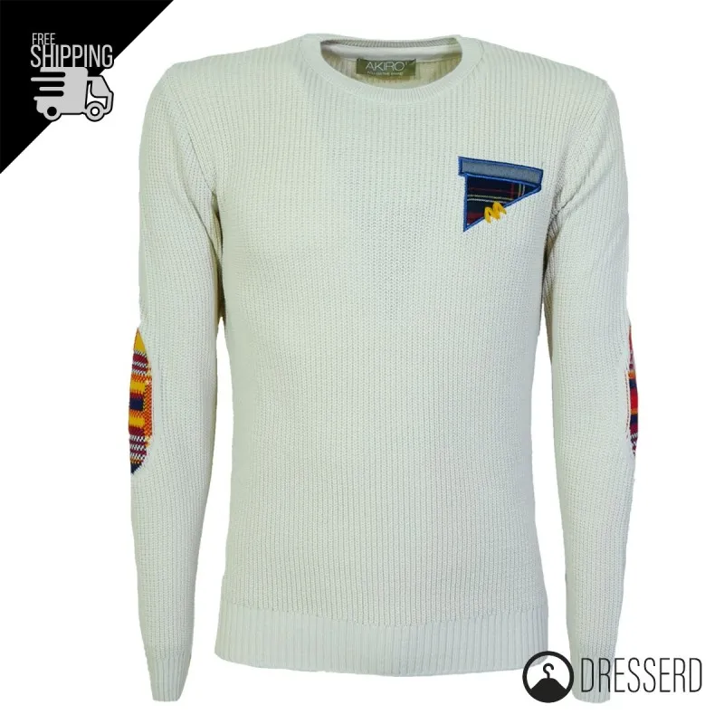 Maglia Uomo Dresserd Trama Lavorata e Ricamo lato cuore Toppe Fantasia in Lavorazione Maglione Made in Italy