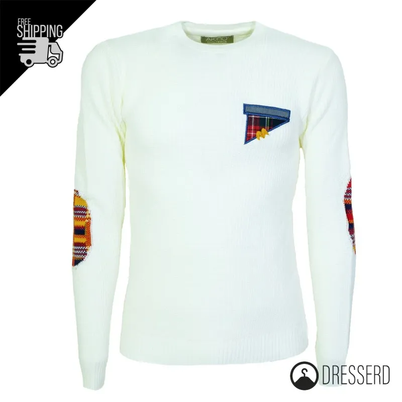 Maglia Uomo Dresserd Trama Lavorata e Ricamo lato cuore Toppe Fantasia in Lavorazione Maglione Made in Italy