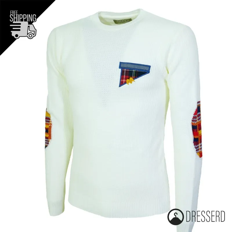 Maglia Uomo Dresserd Trama Lavorata e Ricamo lato cuore Toppe Fantasia in Lavorazione Maglione Made in Italy