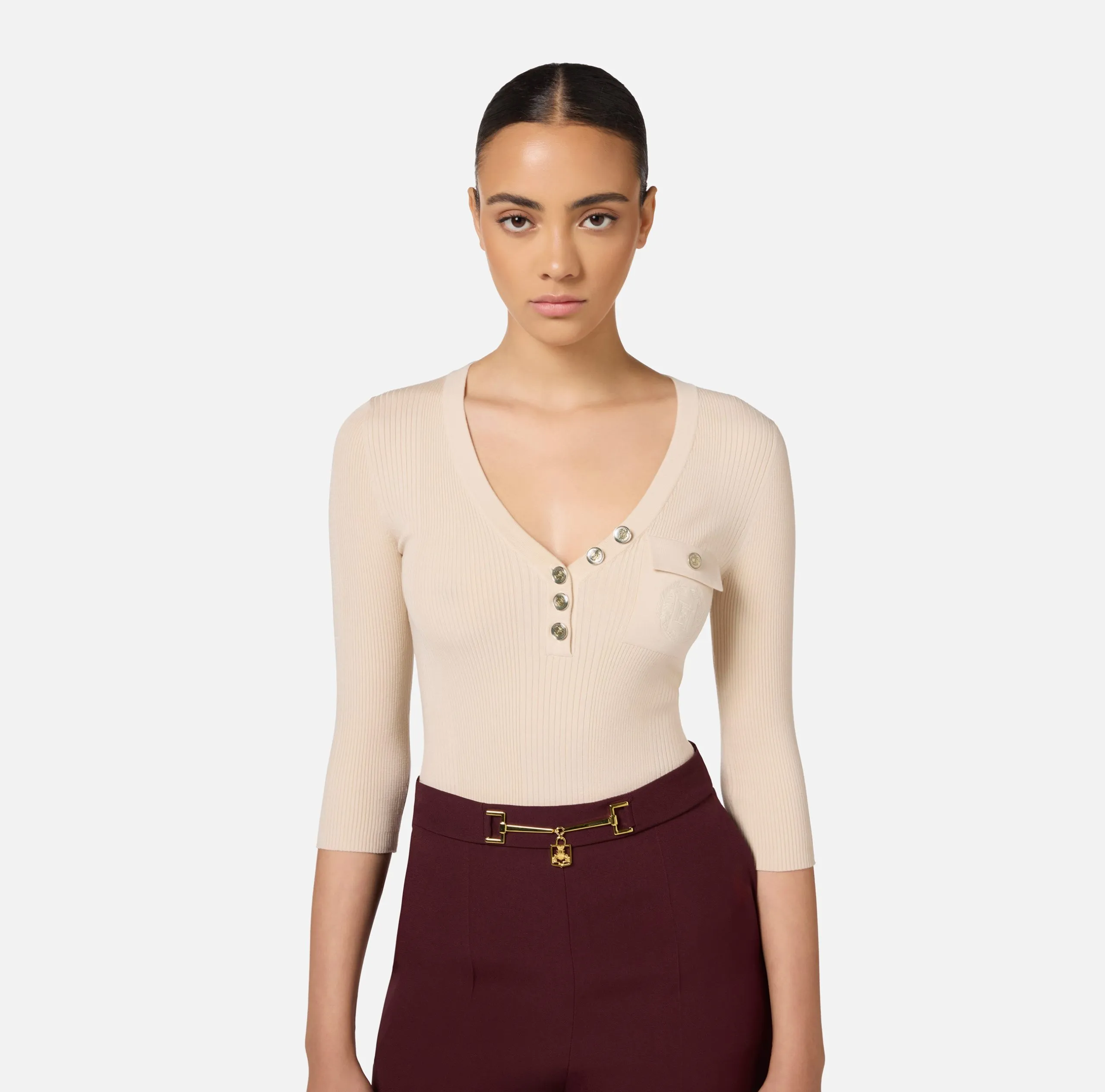 Maglia Viscosa Seta Costine Ricamo logo Lattice Elisabetta Franchi