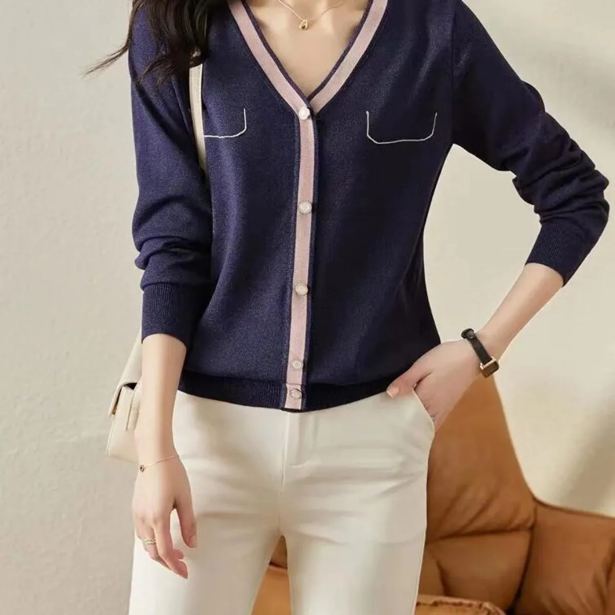 Maglieria da donna manica lunga autunno 2023 nuovo maglione primavera autunno top ampio con scollo a V