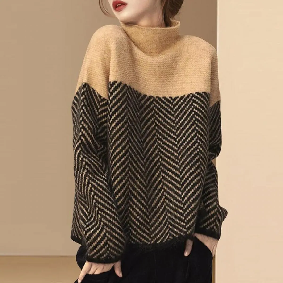 Maglieria mezzo dolcevita in colori abbinati 2023 Autunno Inverno Nuovo colore sciolto con maglione pullover da donna