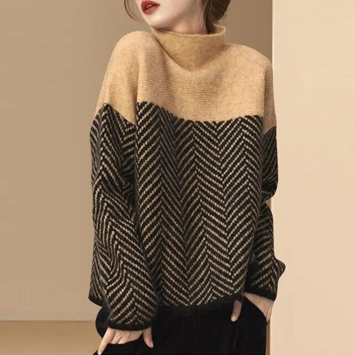 Maglieria mezzo dolcevita in colori abbinati 2023 Autunno Inverno Nuovo colore sciolto con maglione pullover da donna