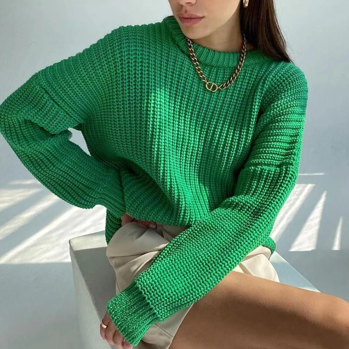 Maglione Donna 2023 Nuovo Autunno Inverno Sciolto Girocollo Tinta Unita Manica Lunga Lavorato A Maglia Cappotto Pullover Donna