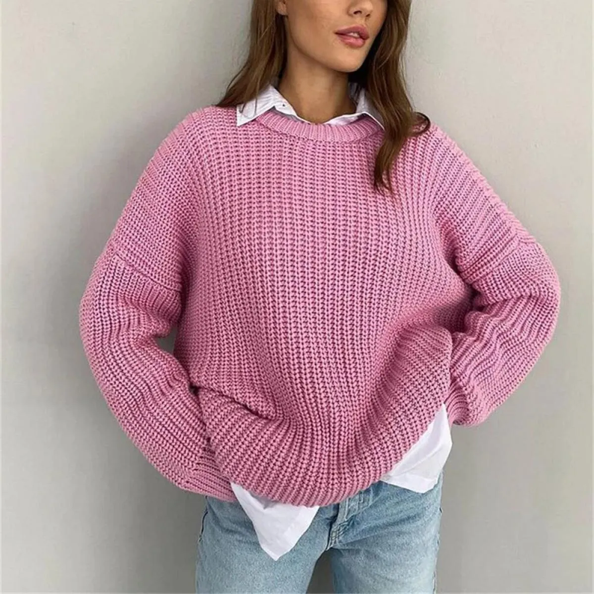 Maglione Donna 2023 Nuovo Autunno Inverno Sciolto Girocollo Tinta Unita Manica Lunga Lavorato A Maglia Cappotto Pullover Donna