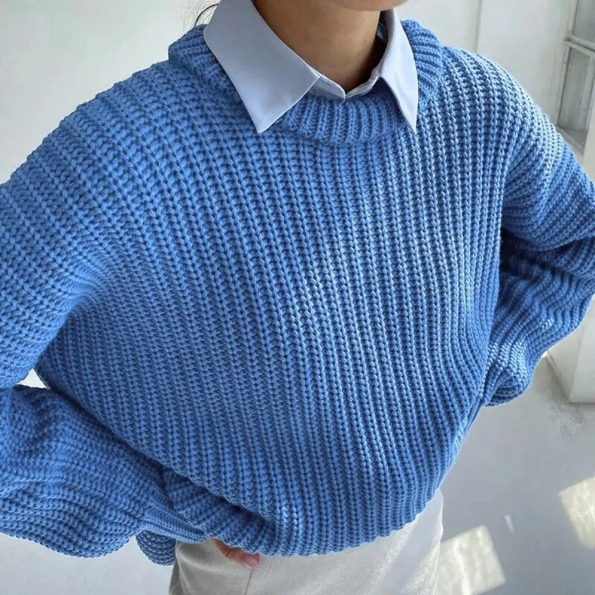 Maglione Donna 2023 Nuovo Autunno Inverno Sciolto Girocollo Tinta Unita Manica Lunga Lavorato A Maglia Cappotto Pullover Donna