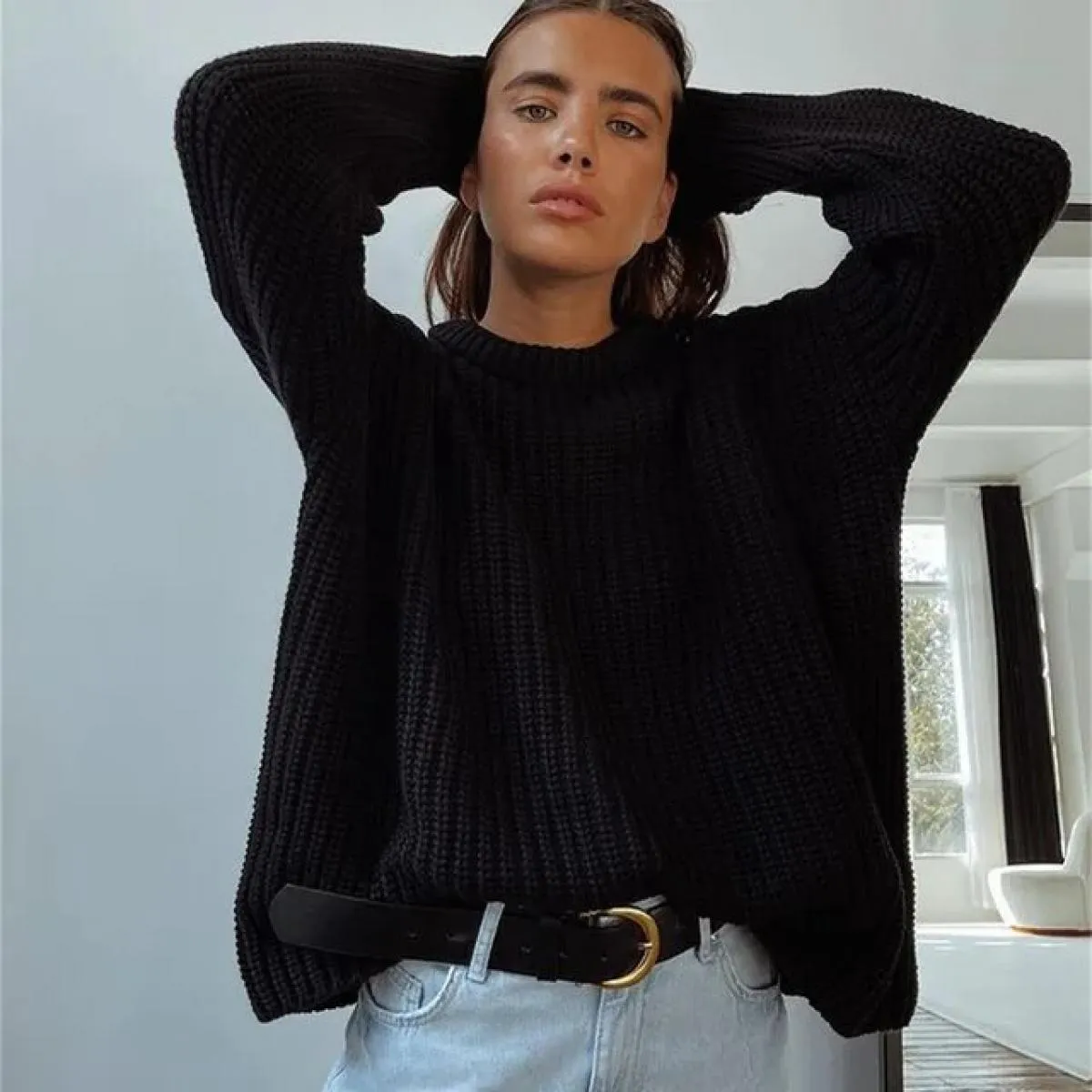 Maglione Donna 2023 Nuovo Autunno Inverno Sciolto Girocollo Tinta Unita Manica Lunga Lavorato A Maglia Cappotto Pullover Donna