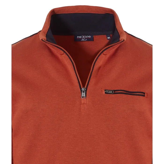 Maglione in cotone a maglia fine Pre End big men con zip e tasca sul petto Cognac