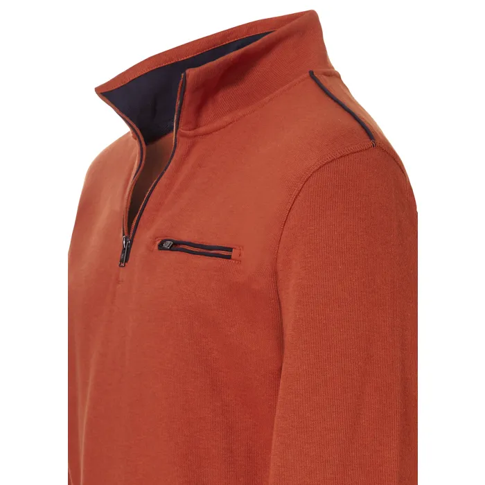 Maglione in cotone a maglia fine Pre End big men con zip e tasca sul petto Cognac