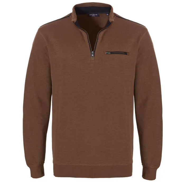 Maglione in cotone a maglia fine Pre End big men con zip e tasca sul petto Marrone