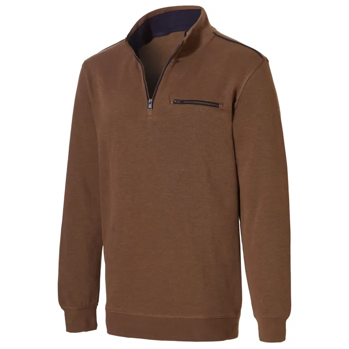 Maglione in cotone a maglia fine Pre End big men con zip e tasca sul petto Marrone