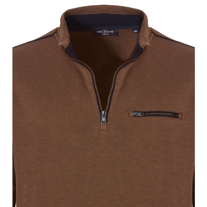 Maglione in cotone a maglia fine Pre End big men con zip e tasca sul petto Marrone
