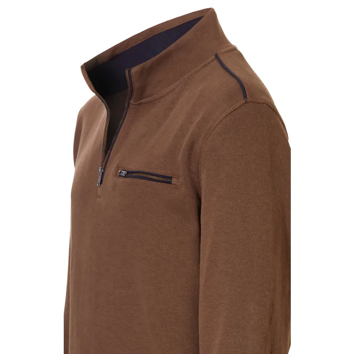 Maglione in cotone a maglia fine Pre End big men con zip e tasca sul petto Marrone