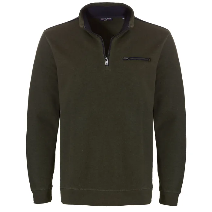 Maglione in cotone a maglia fine Pre End big men con zip e tasca sul petto Verde