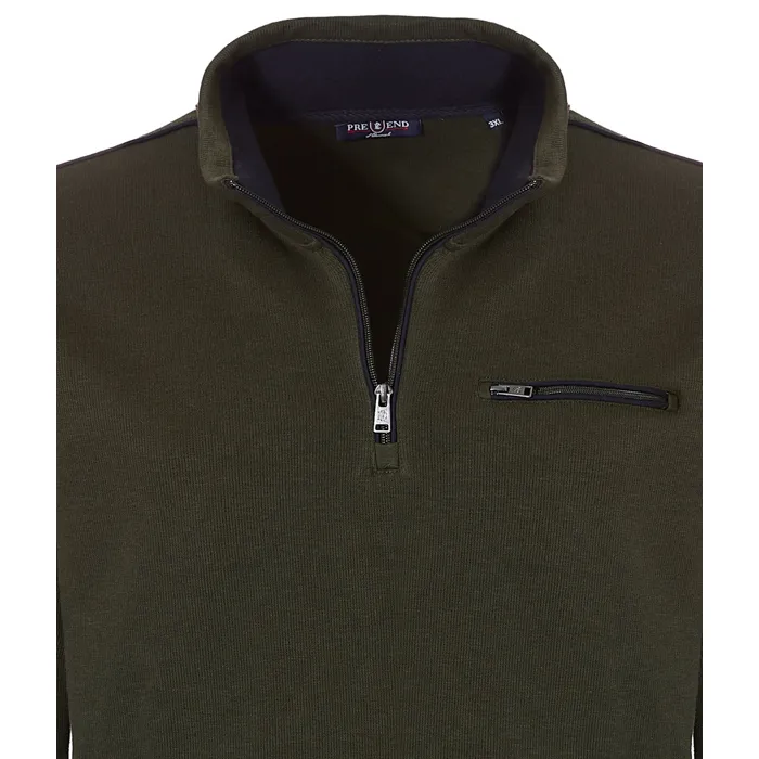 Maglione in cotone a maglia fine Pre End big men con zip e tasca sul petto Verde