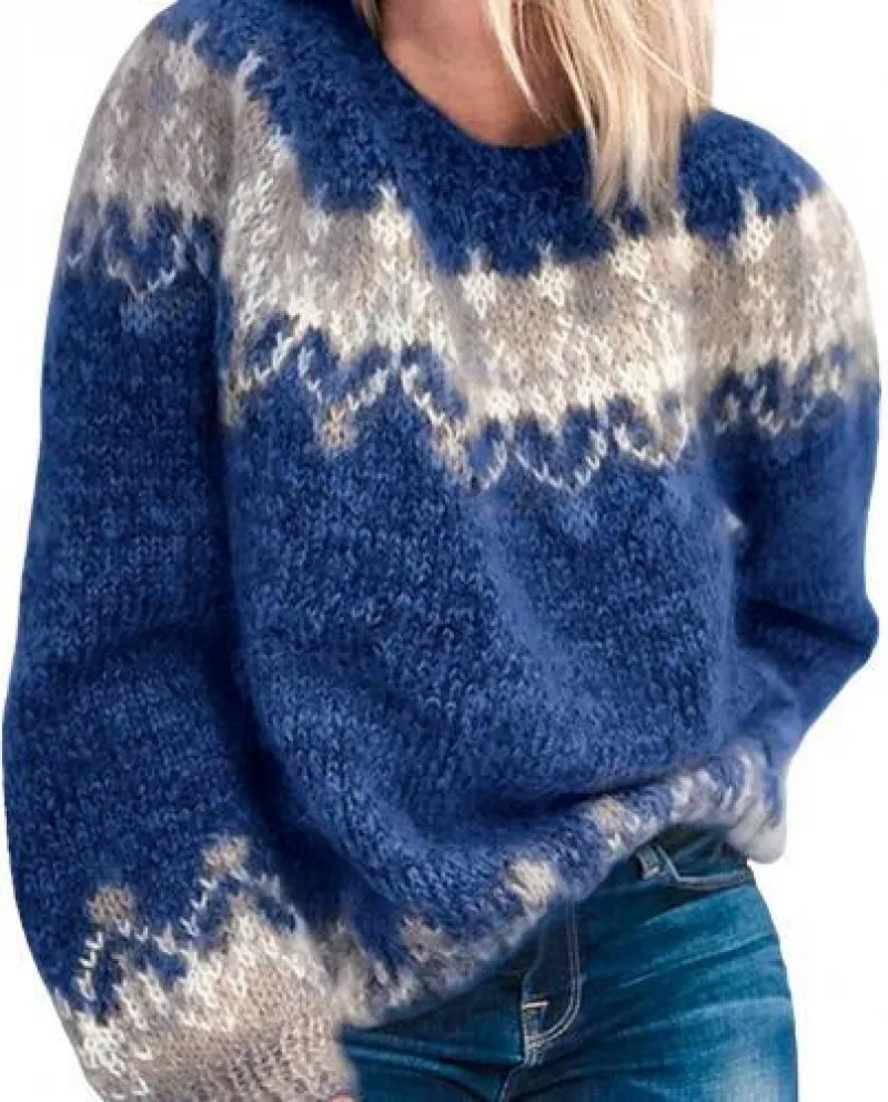 Maglione lavorato a maglia a maniche lunghe con scollo a O Modello etnico autunno inverno da donna