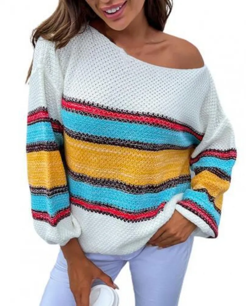 Maglione lavorato a maglia da donna casual con scollo a barchetta Lanterna a righe arcobaleno Long Sl