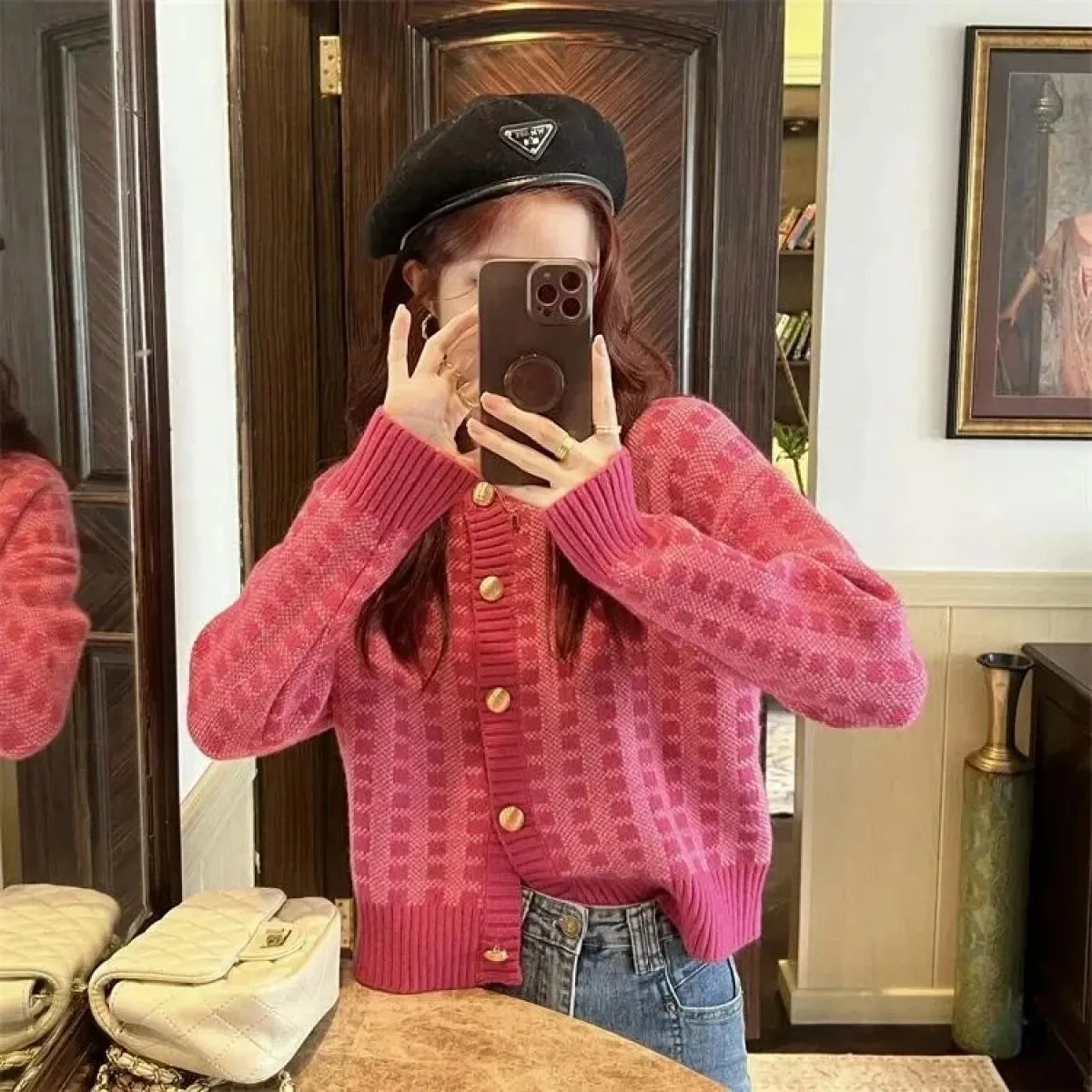 Maglione morbido scozzese cardigan rosa femminile 2023 Primavera nuovo cappotto cardigan corto lavorato a maglia delicato da don