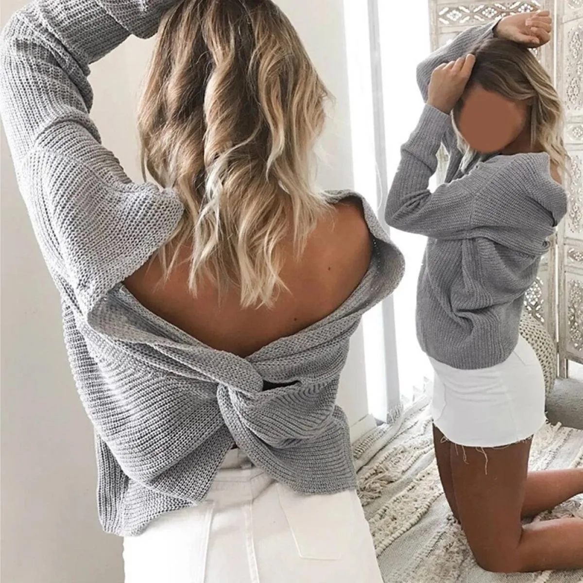 Maglione senza schienale Pullover Top Abbigliamento donna 2023 Autunno Inverno Moda Maglia Base Camicia Tee Femminile  Crop P