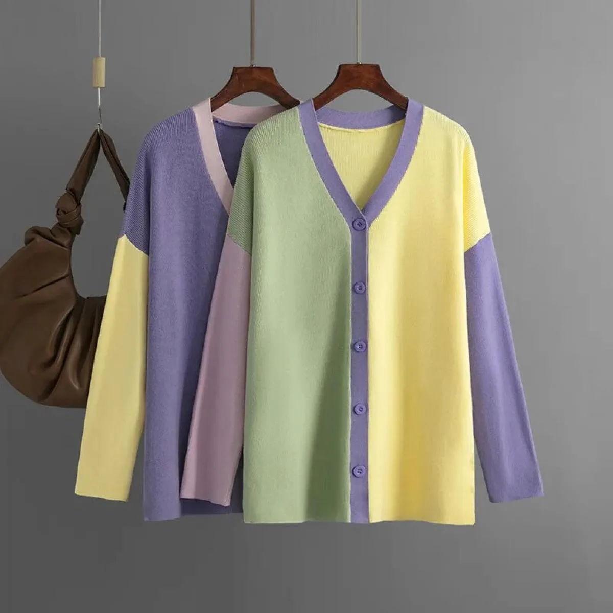 Maglioni per donna nuovo colore coordinato cardigan lavorato a maglia maglione colorato donna sciolto manica lunga cappotto medi