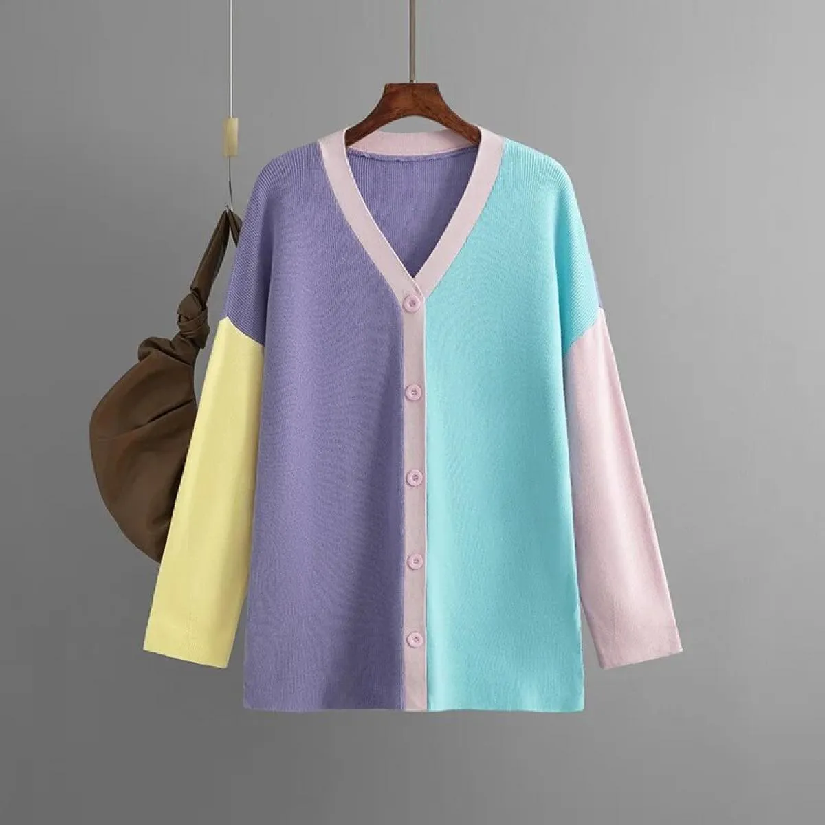 Maglioni per donna nuovo colore coordinato cardigan lavorato a maglia maglione colorato donna sciolto manica lunga cappotto medi