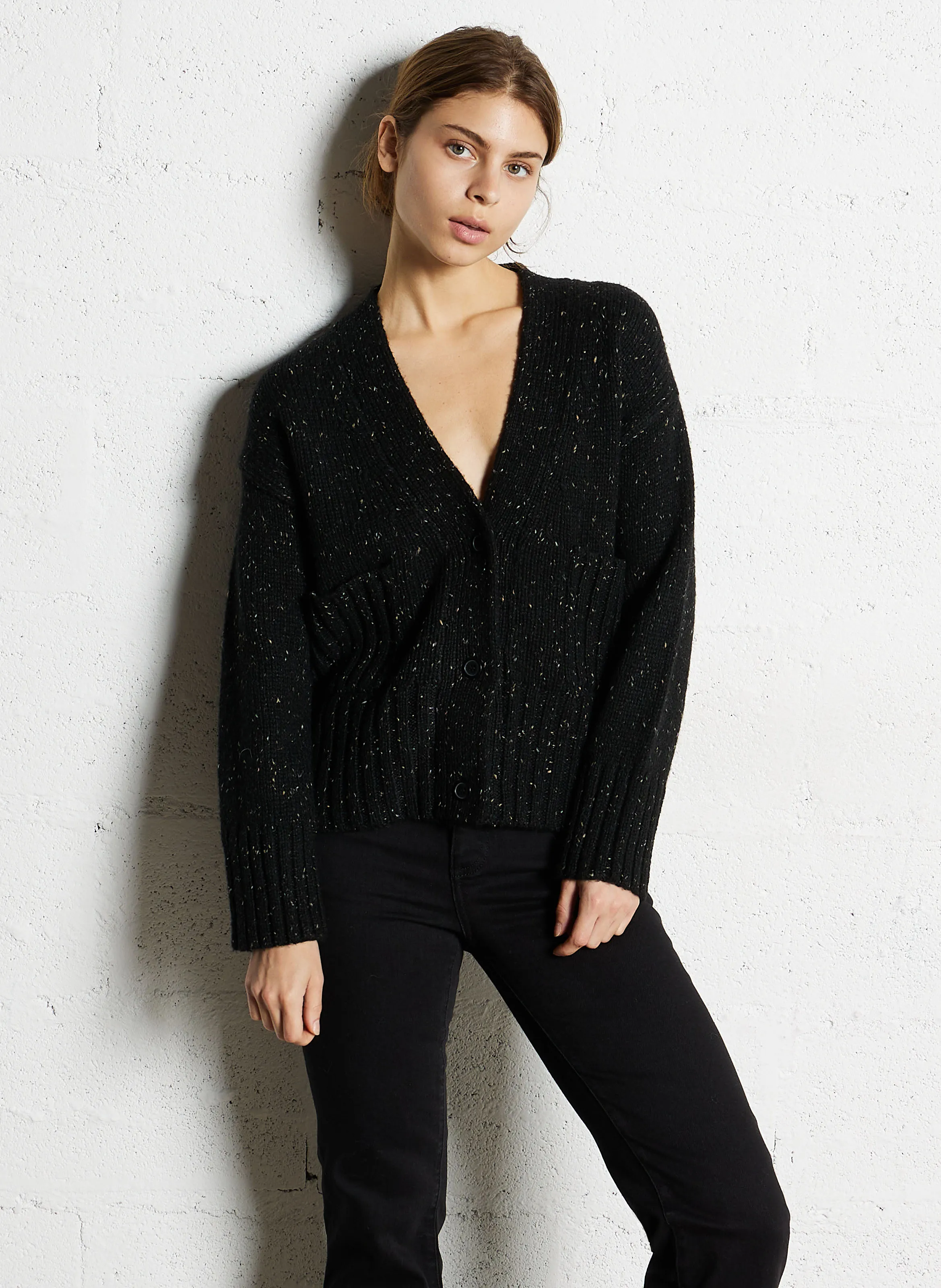  MAISON 123   CONSTANT - Gilet diritto in maglia mélange | Nero
