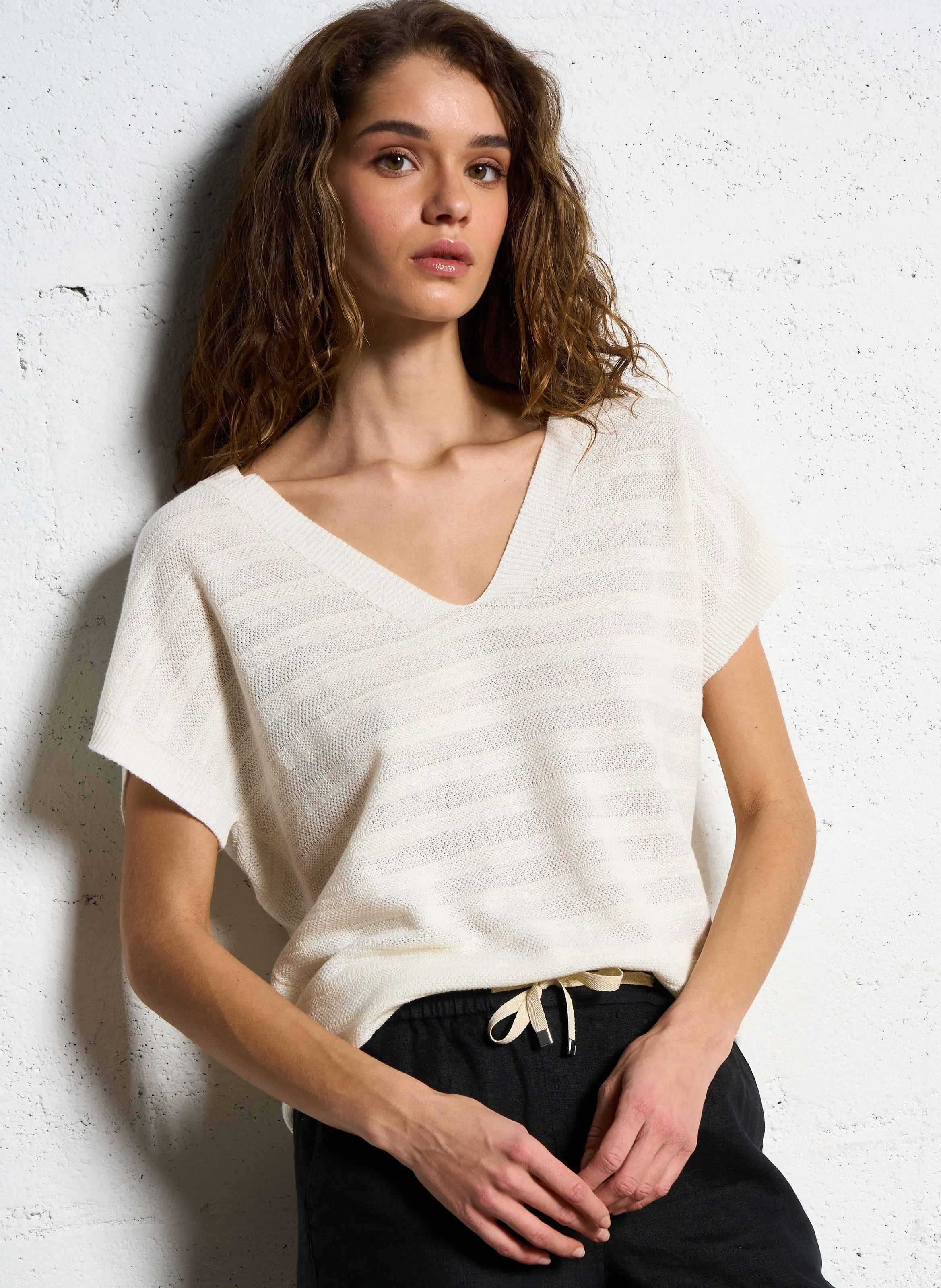  MAISON 123   LINE - Maglione a maniche corte in maglia sottile | Beige