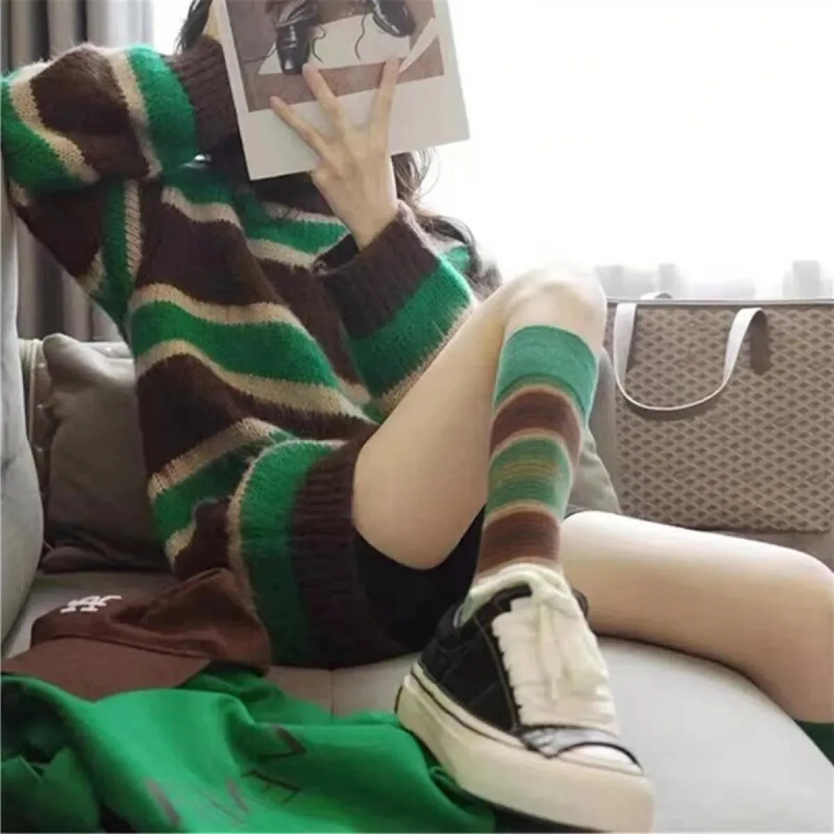 Moda a contrasto di colore morbido pullover a righe maglieria autunno inverno nuovo maglione top hipster donna