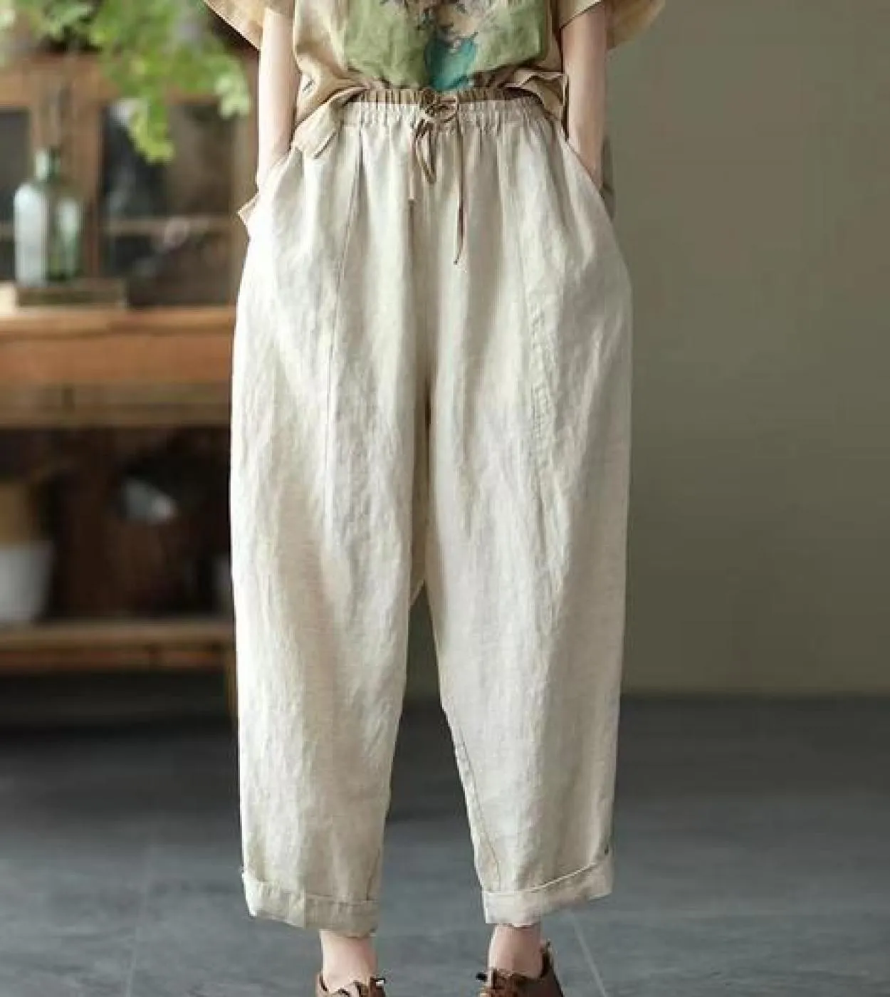 Pantaloni alla caviglia allentati in vita elastica da donna in stile artistico primavera estate Pantaloni Harem in lino di coton