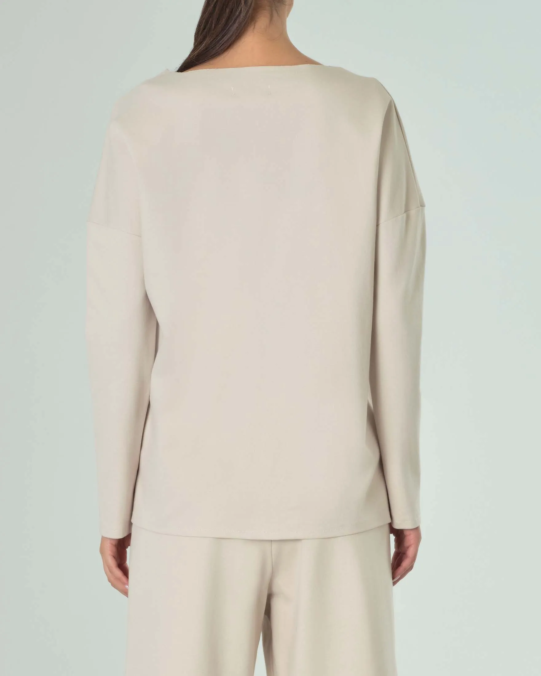 Pantaloni cropped beige in misto viscosa stretch punto Milano con elastico in vita