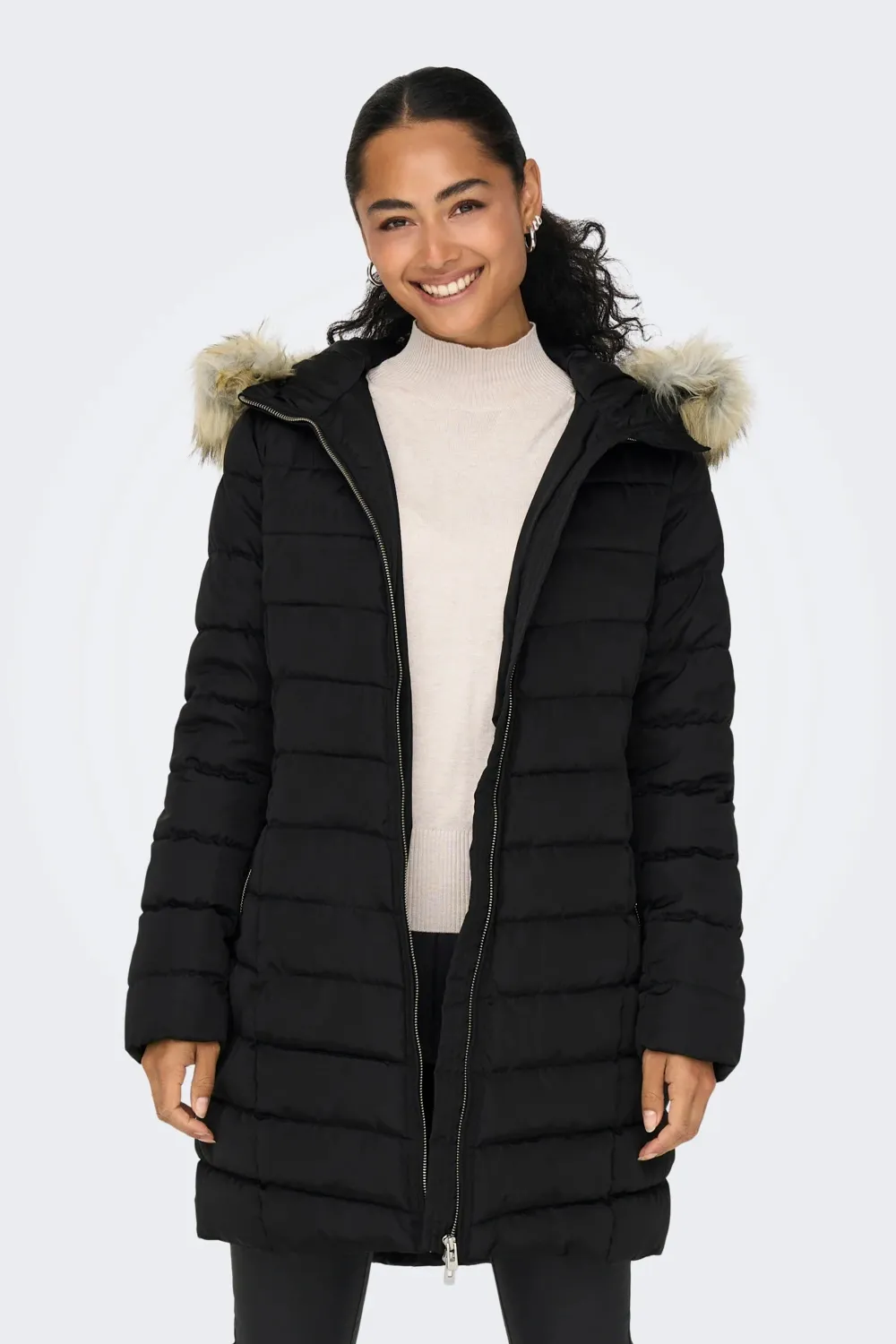 Piumino Only ONLELLAN QUILTED HOOD FUR COAT CC OTW Nero