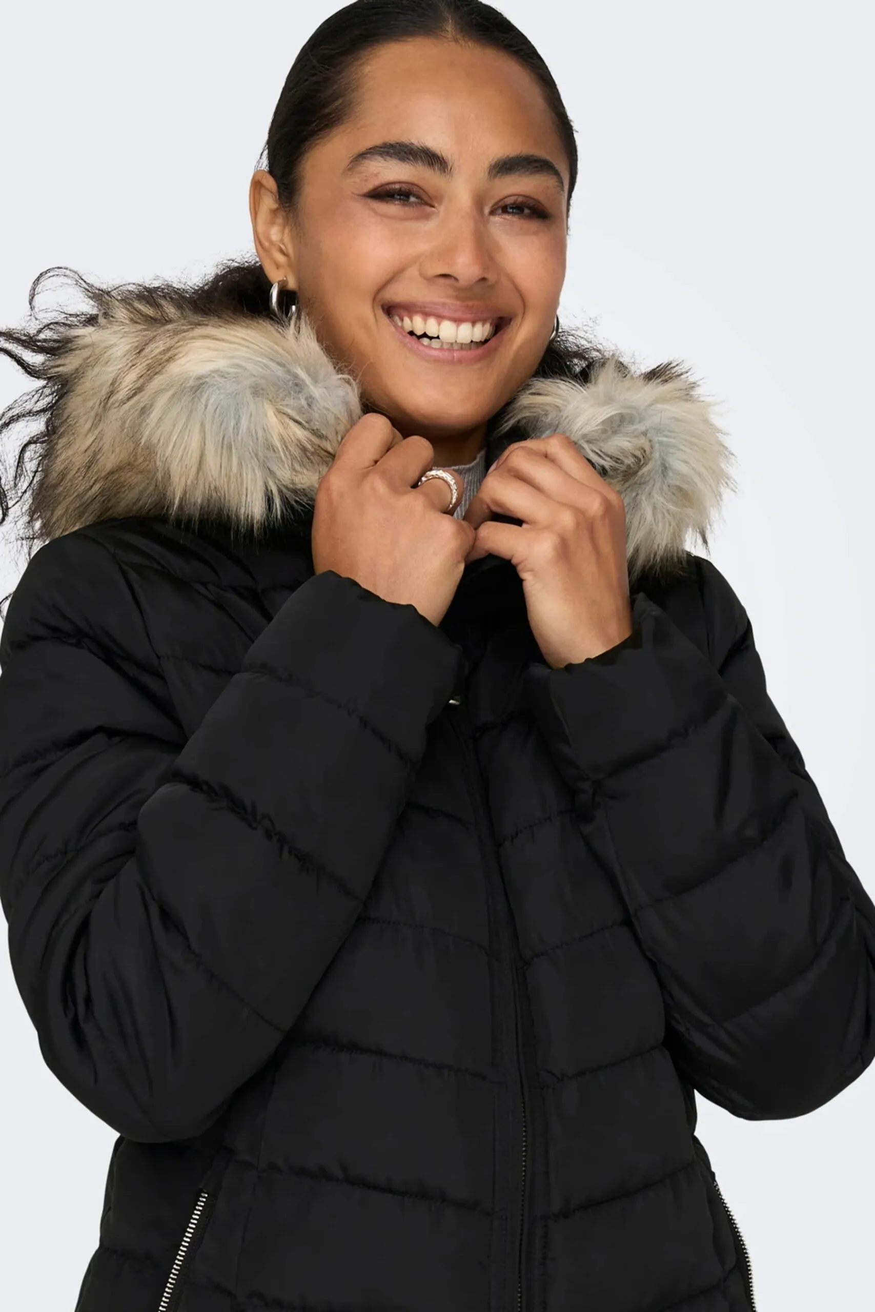 Piumino Only ONLELLAN QUILTED HOOD FUR COAT CC OTW Nero