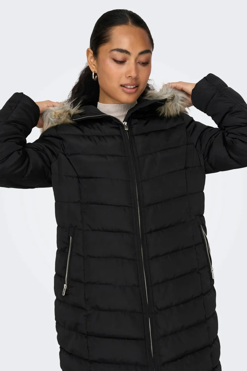 Piumino Only ONLELLAN QUILTED HOOD FUR COAT CC OTW Nero