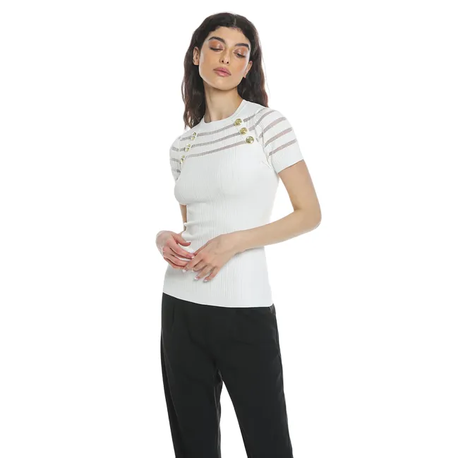Relish BURITE half-sleeved sweater with lurex mesh stripes plus buttons plus raglan effect cut RDP2402067016 milk