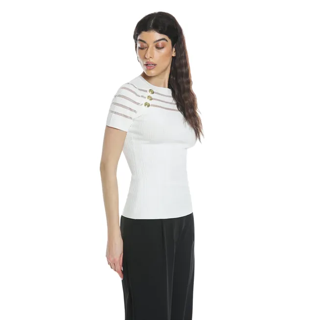 Relish BURITE half-sleeved sweater with lurex mesh stripes plus buttons plus raglan effect cut RDP2402067016 milk