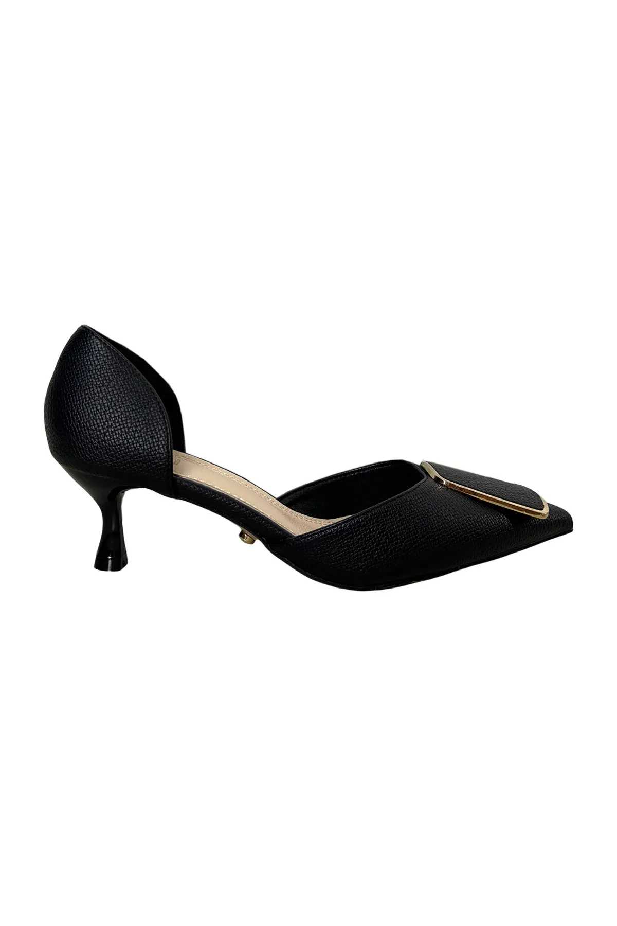 Scarpa donna decollete in pelle vegana effetto nappa con fibbia rivestita in punta e taccobasso