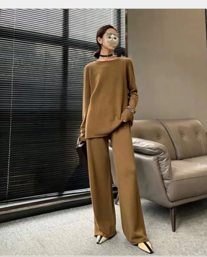 Set di due pezzi di pantaloni a gamba larga in maglione sottile casual lavorato a maglia di cashmere