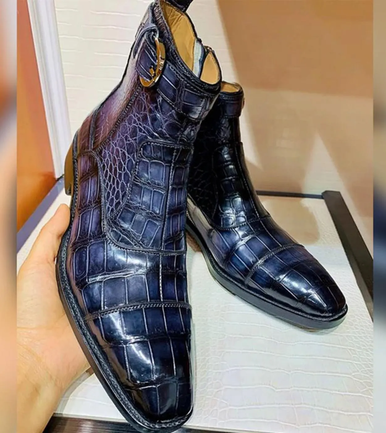 Stivaletti da uomo con cerniera blu Business Stivali da moto con punta quadrata nera Modello coccodrillo Spedizione gratuita Zap
