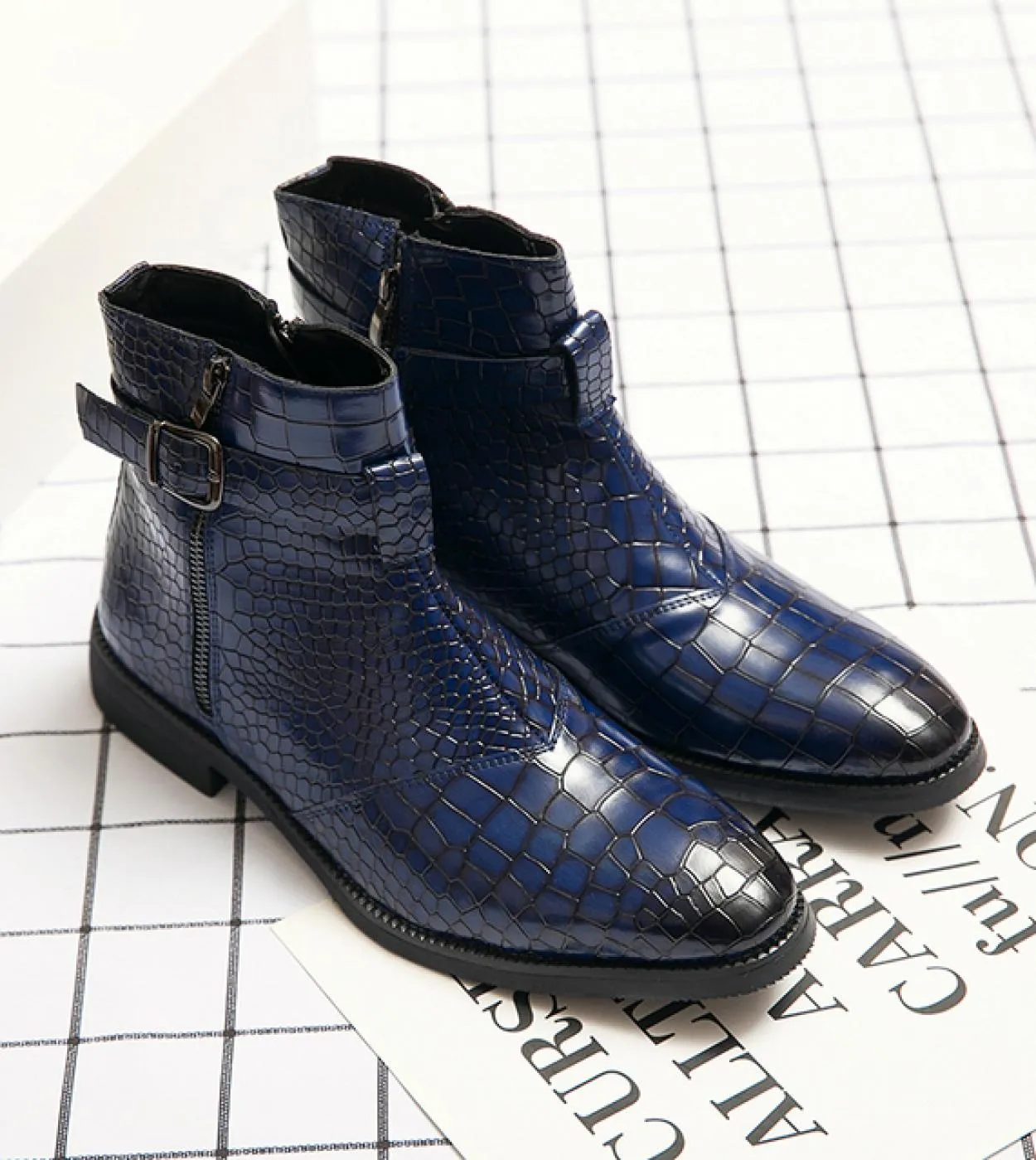 Stivaletti da uomo con cerniera blu Business Stivali da moto con punta quadrata nera Modello coccodrillo Spedizione gratuita Zap