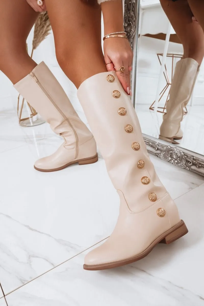 Stivali Beige con bottoni oro e zeppa interna