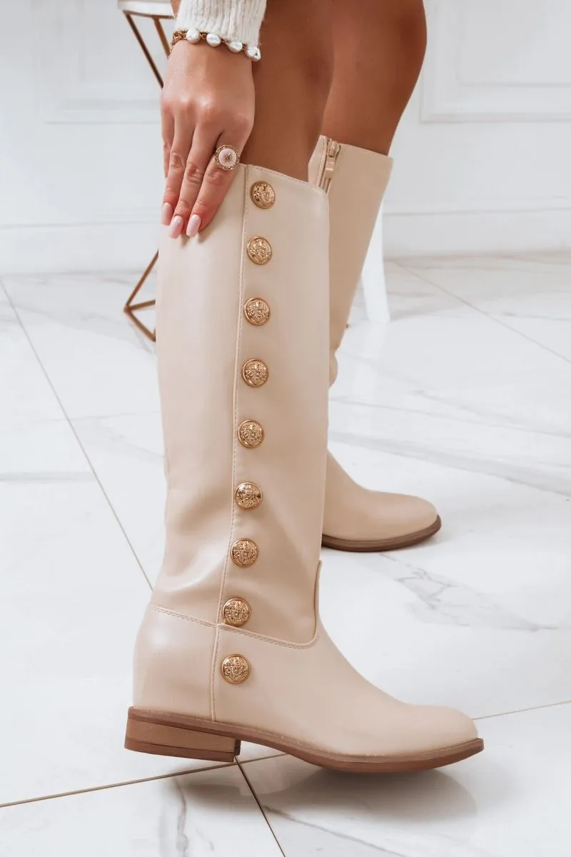 Stivali Beige con bottoni oro e zeppa interna