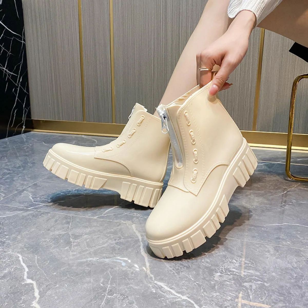 Stivali da pioggia con plateau grosso da donna Stivaletti da donna Taglio basso Punta tonda Cerniera Scarpe impermeabili Stivali