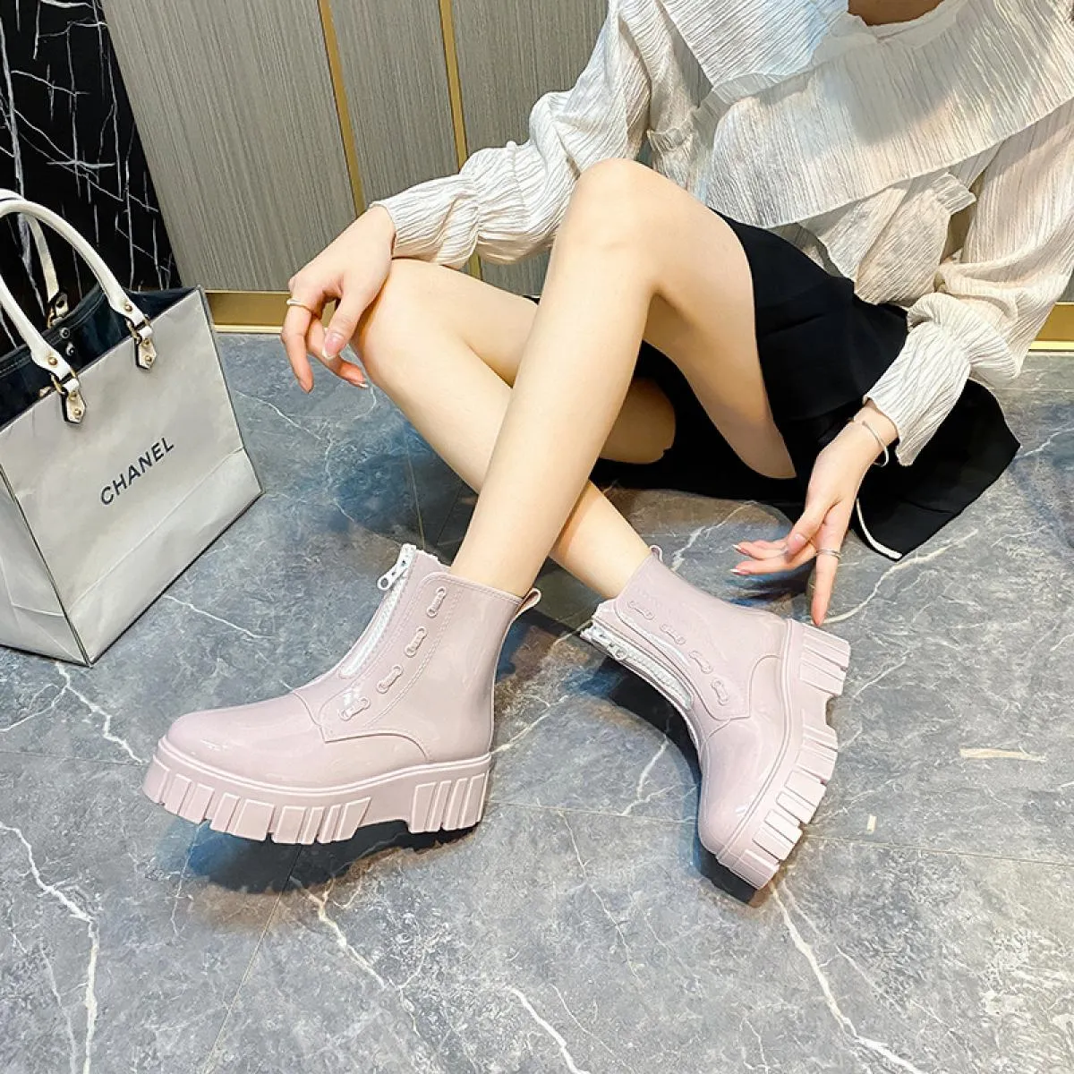 Stivali da pioggia con plateau grosso da donna Stivaletti da donna Taglio basso Punta tonda Cerniera Scarpe impermeabili Stivali