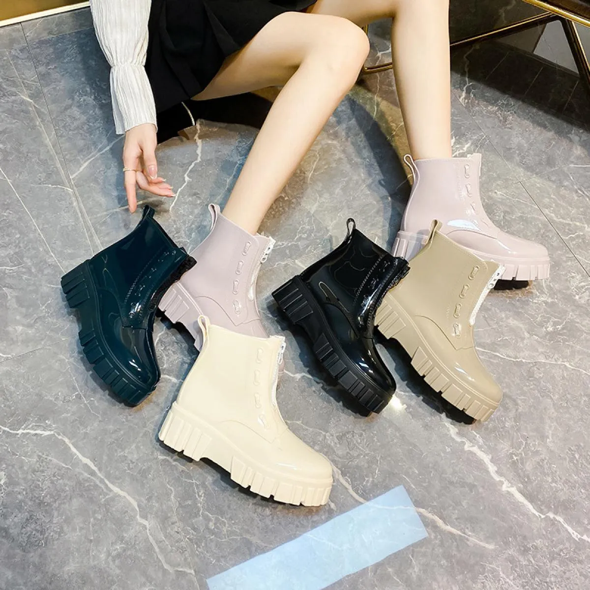 Stivali da pioggia con plateau grosso da donna Stivaletti da donna Taglio basso Punta tonda Cerniera Scarpe impermeabili Stivali