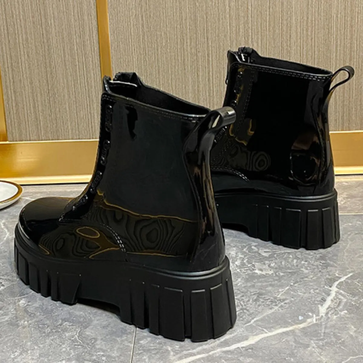 Stivali da pioggia con plateau grosso da donna Stivaletti da donna Taglio basso Punta tonda Cerniera Scarpe impermeabili Stivali