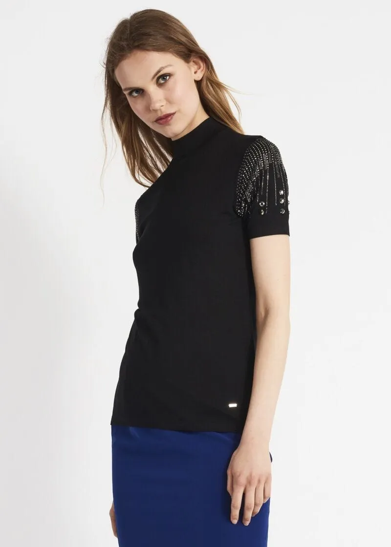 T-shirt a collo alto e strass