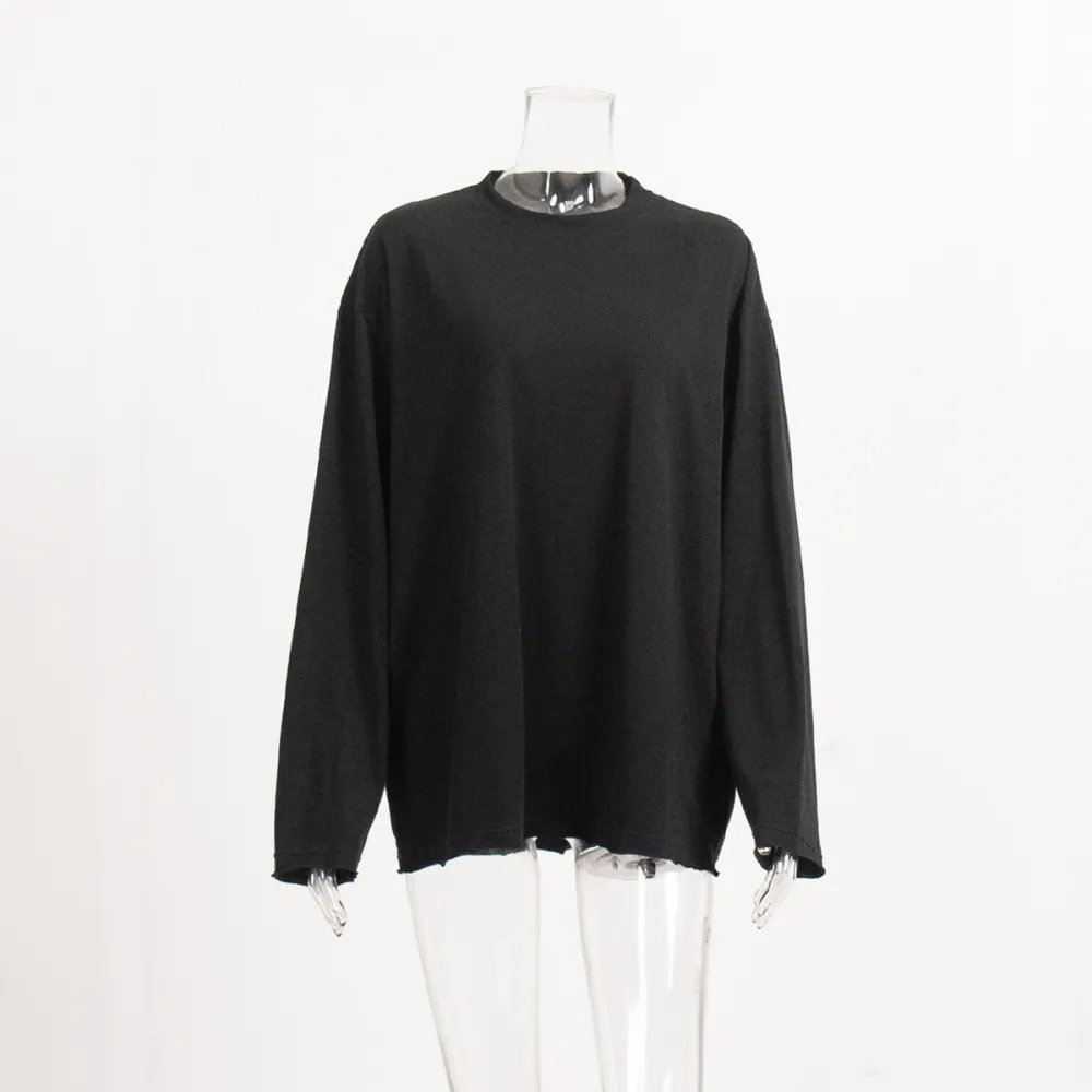 T-shirt in puro cotone per donna e 2024 T-shirt a maniche lunghe oversize con scollo rotondo in tinta unita allentato primavera