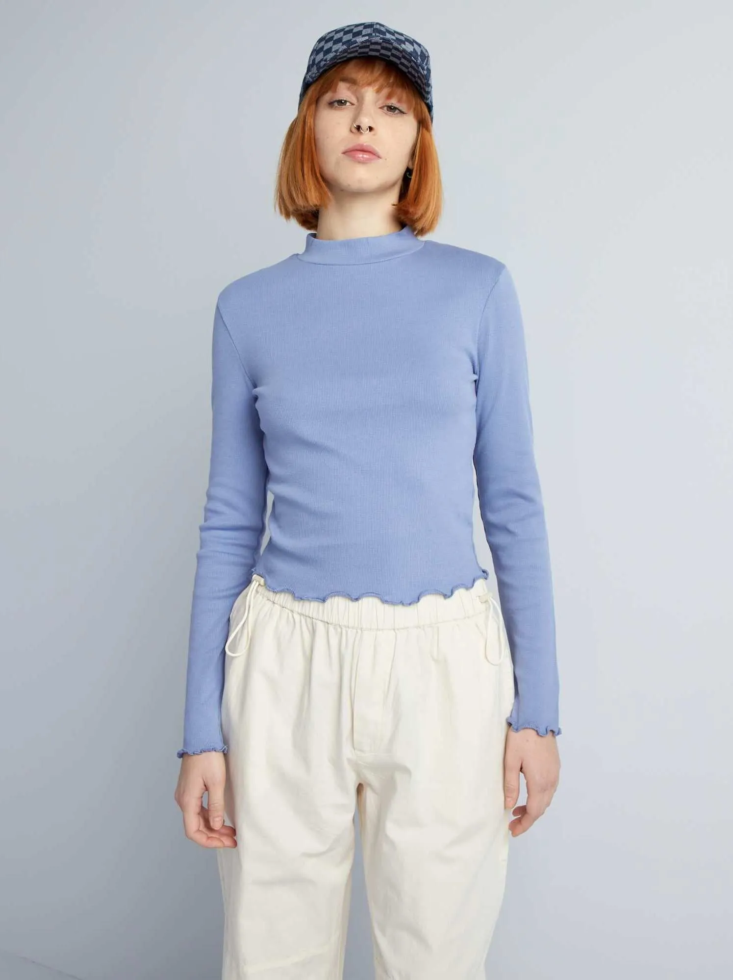 T-shirt maniche lunghe con bordi con volant - BLU