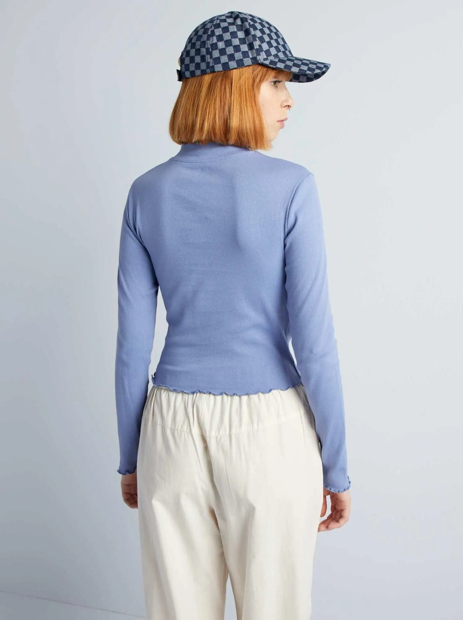 T-shirt maniche lunghe con bordi con volant - BLU